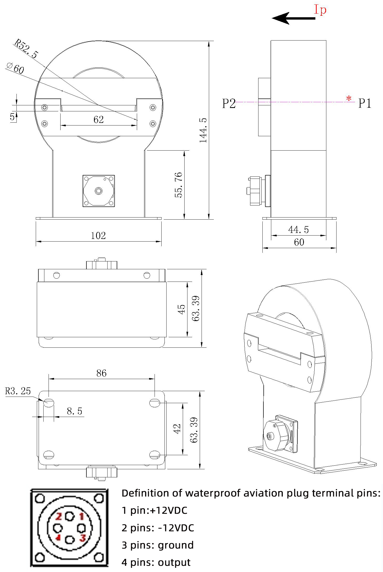 Form und Einbauma&szlig;e des Transformatorkern-Erdungssensors TRXL-60W