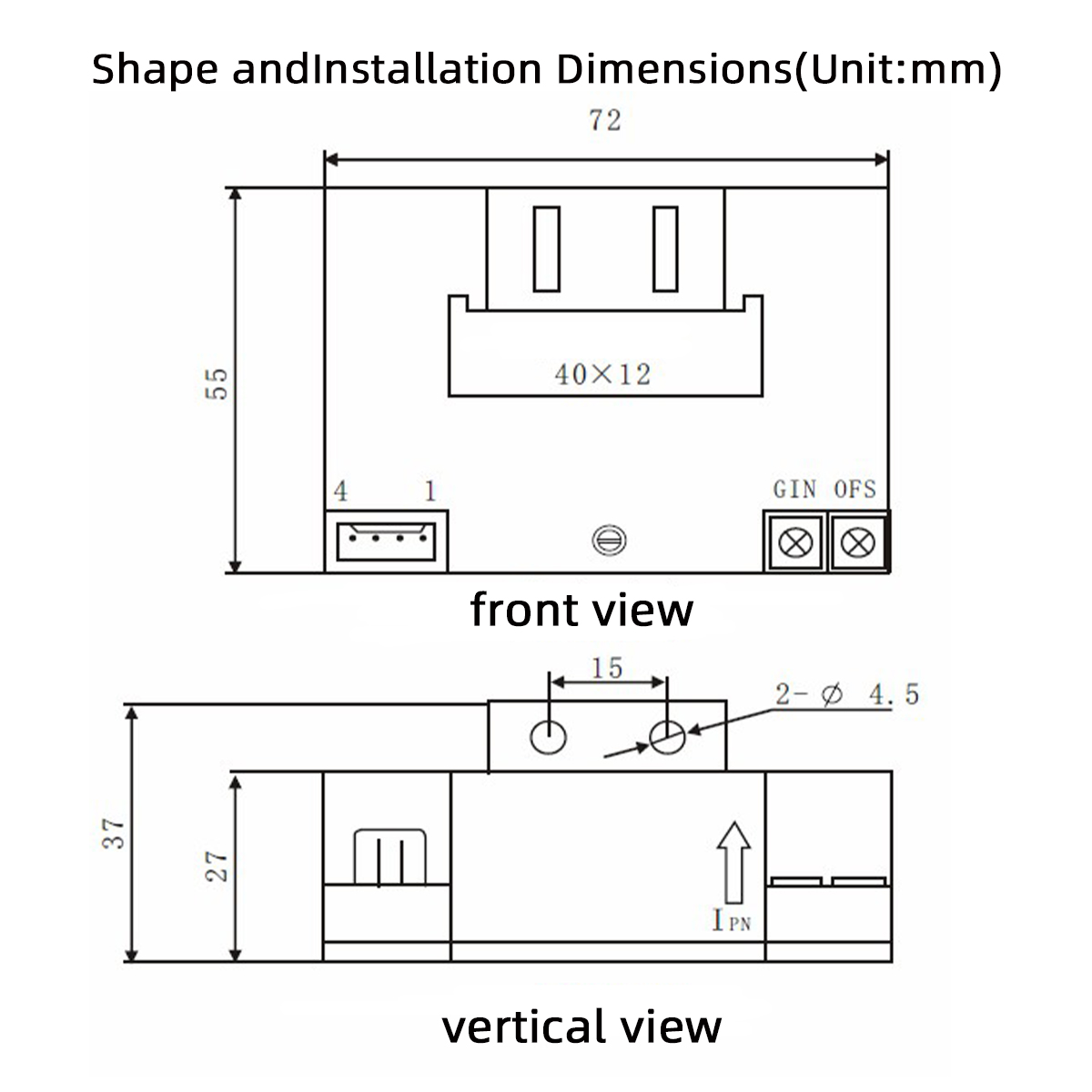 Form und Einbauma&szlig;e des transienten Hall-Stromsensors TR0217-LBH