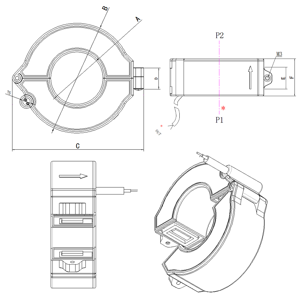 Wasserdichter Stromtransformator mit geteiltem Kern der F-Serie für den Außenbereich (Typ mit rundem hängendem Draht)